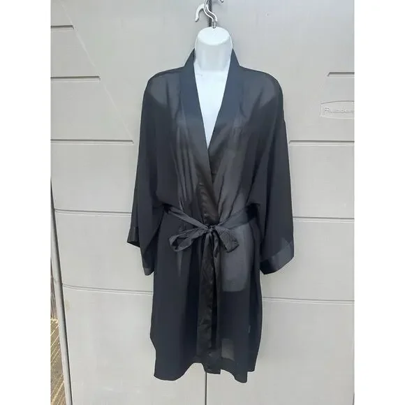 SOMA Black Sheer Chiffon Satin Sleeves Short Robe Kimono SZ L/XL Sensual Classic